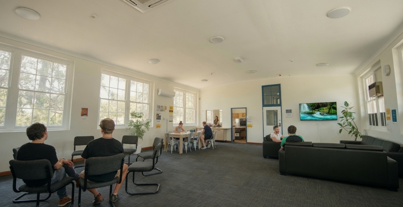 People spending time together in a bright WHOS community room.
