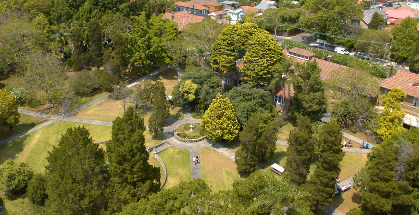 Aerial view of the WHOS Lilyfield grounds and surrounding neighbourhood.