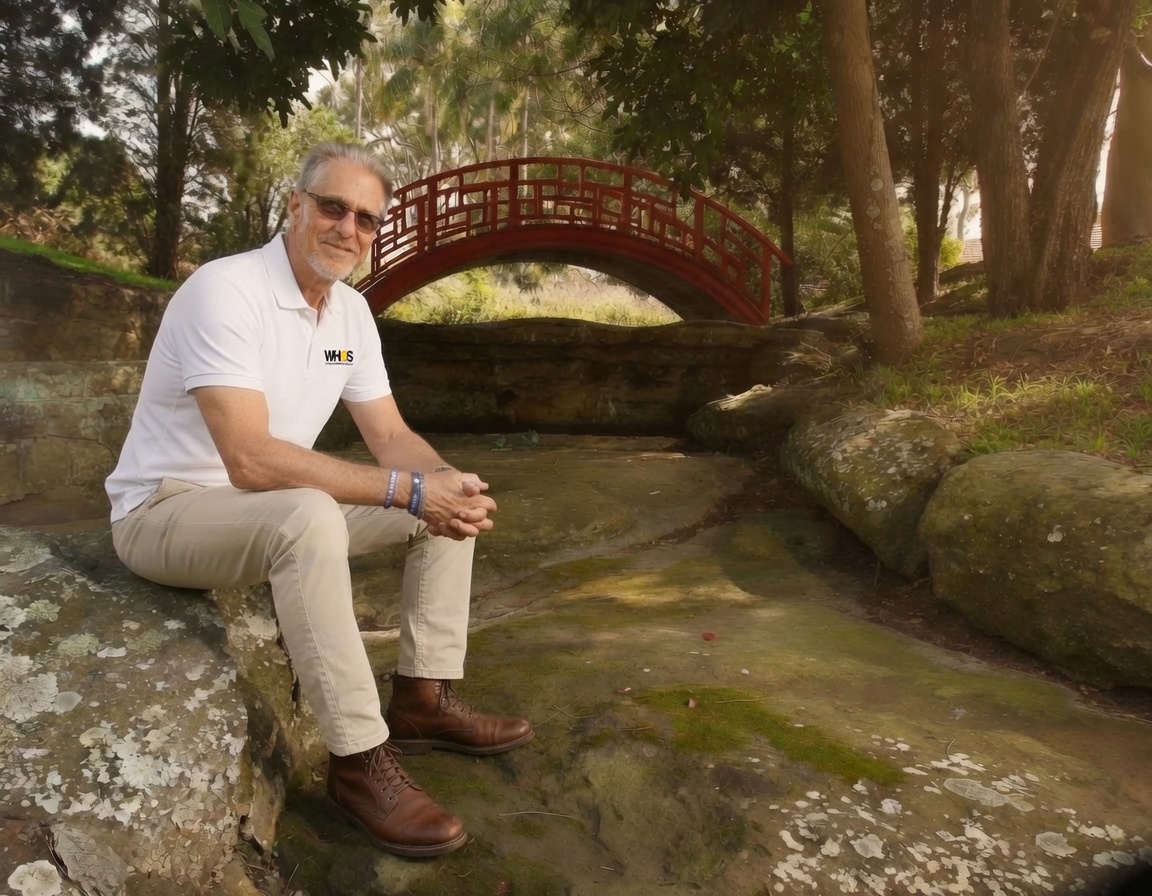 Garth Popple, Executive Director of WHOS, seated by the historic red bridge in the gardens at the WHOS Lilyfield campus.